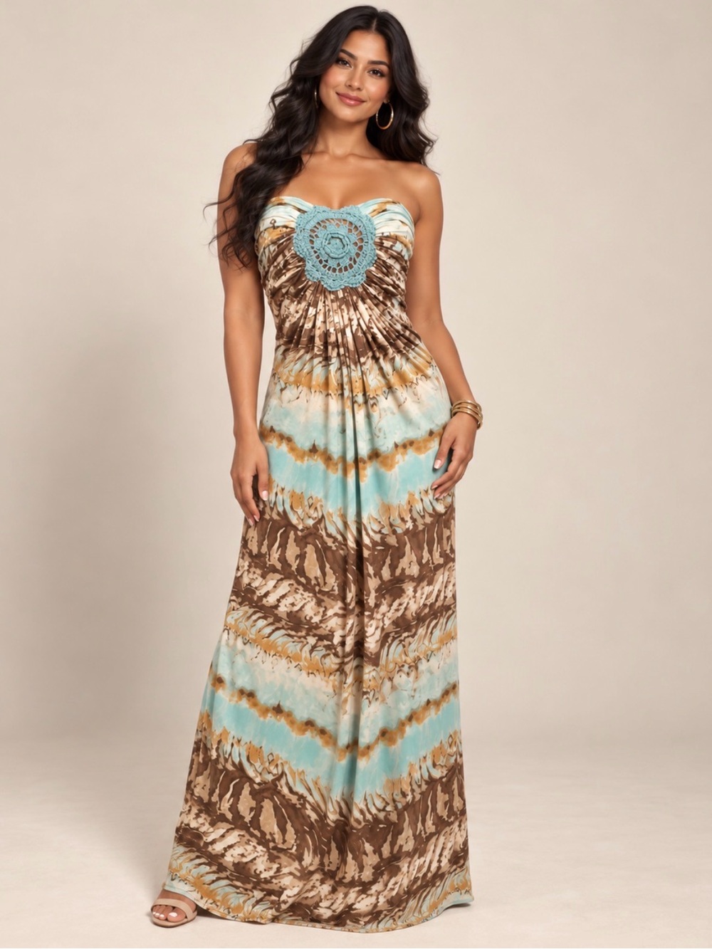 Sky Brand Vintage Y2K Strapless Crochet Medallion Tie Dye Maxi Dress L
